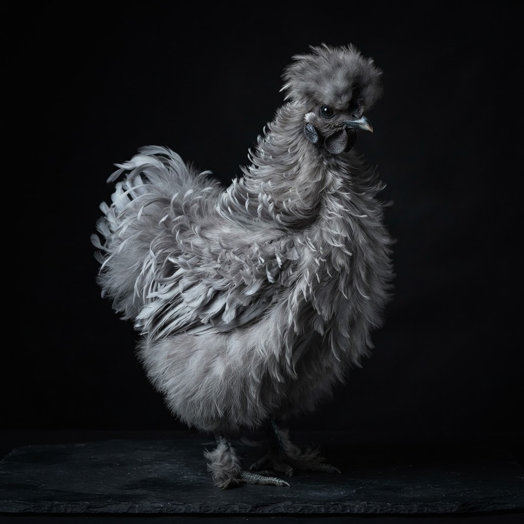 Studio portrait of a Frizzled Silkies against a black background