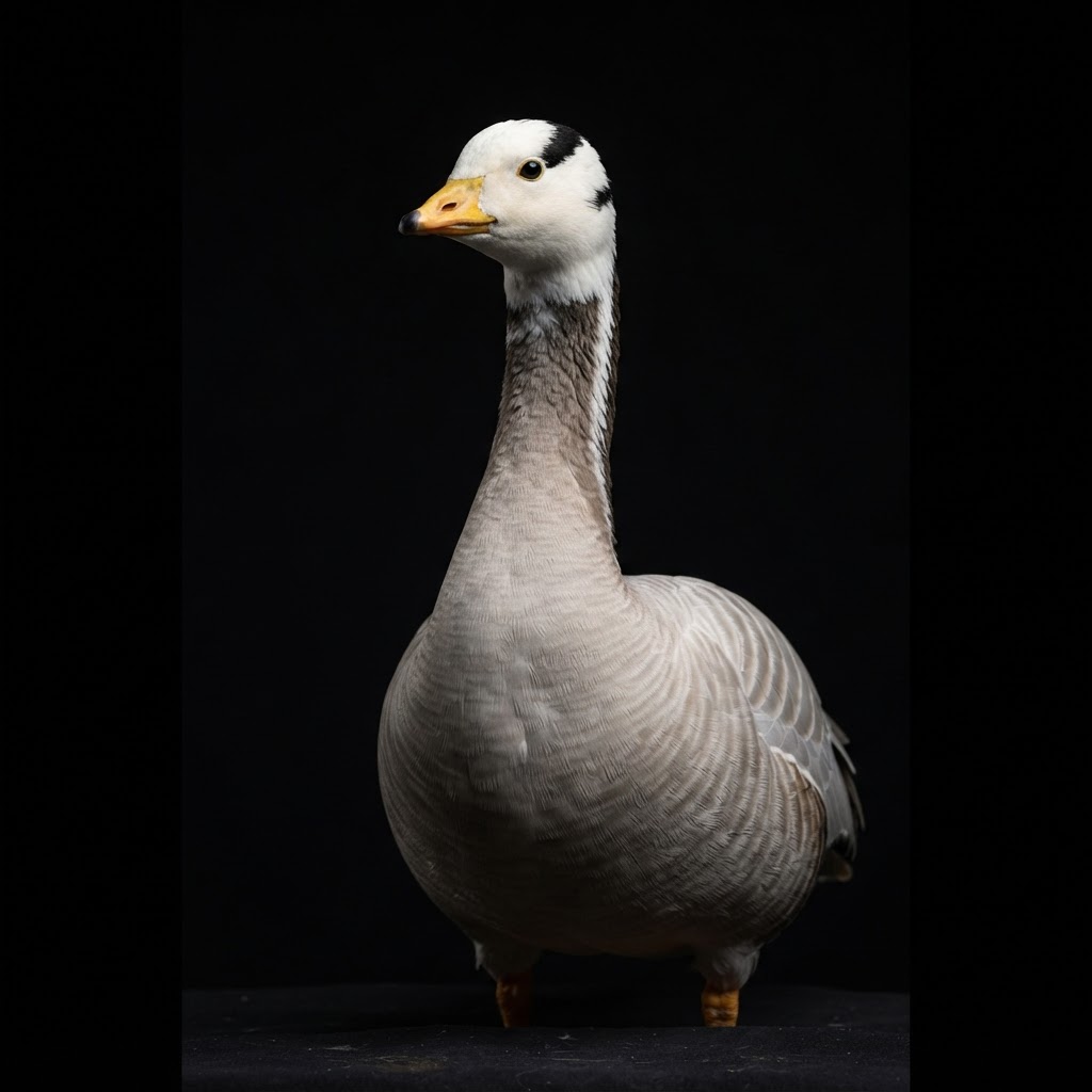 Bar-headed goose — dramatic studio portrait against a black background