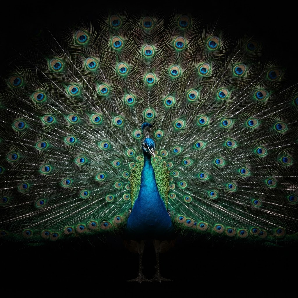 Portrait of an India Blue peacock against a black background