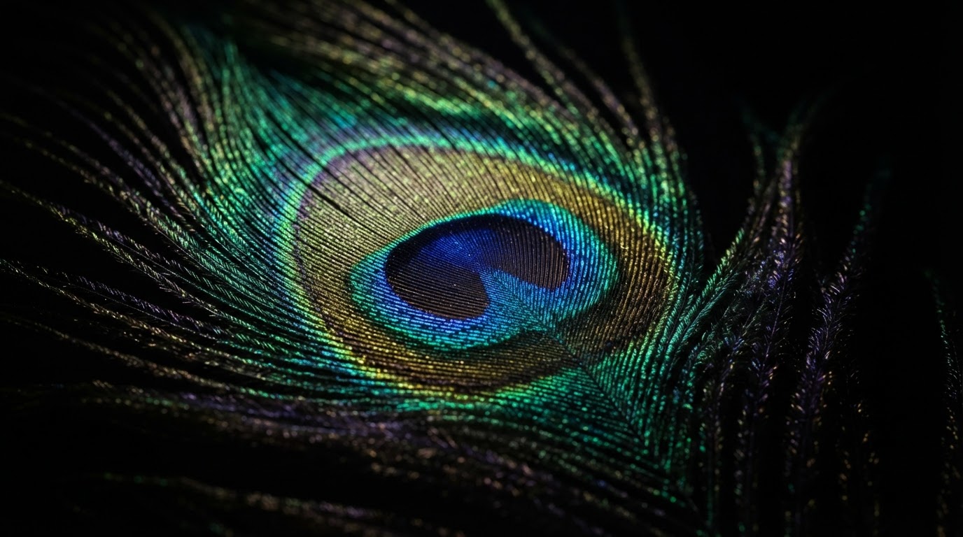 Extreme macro of an iridescent peacock feather eyespot, emerald, sapphire and gold