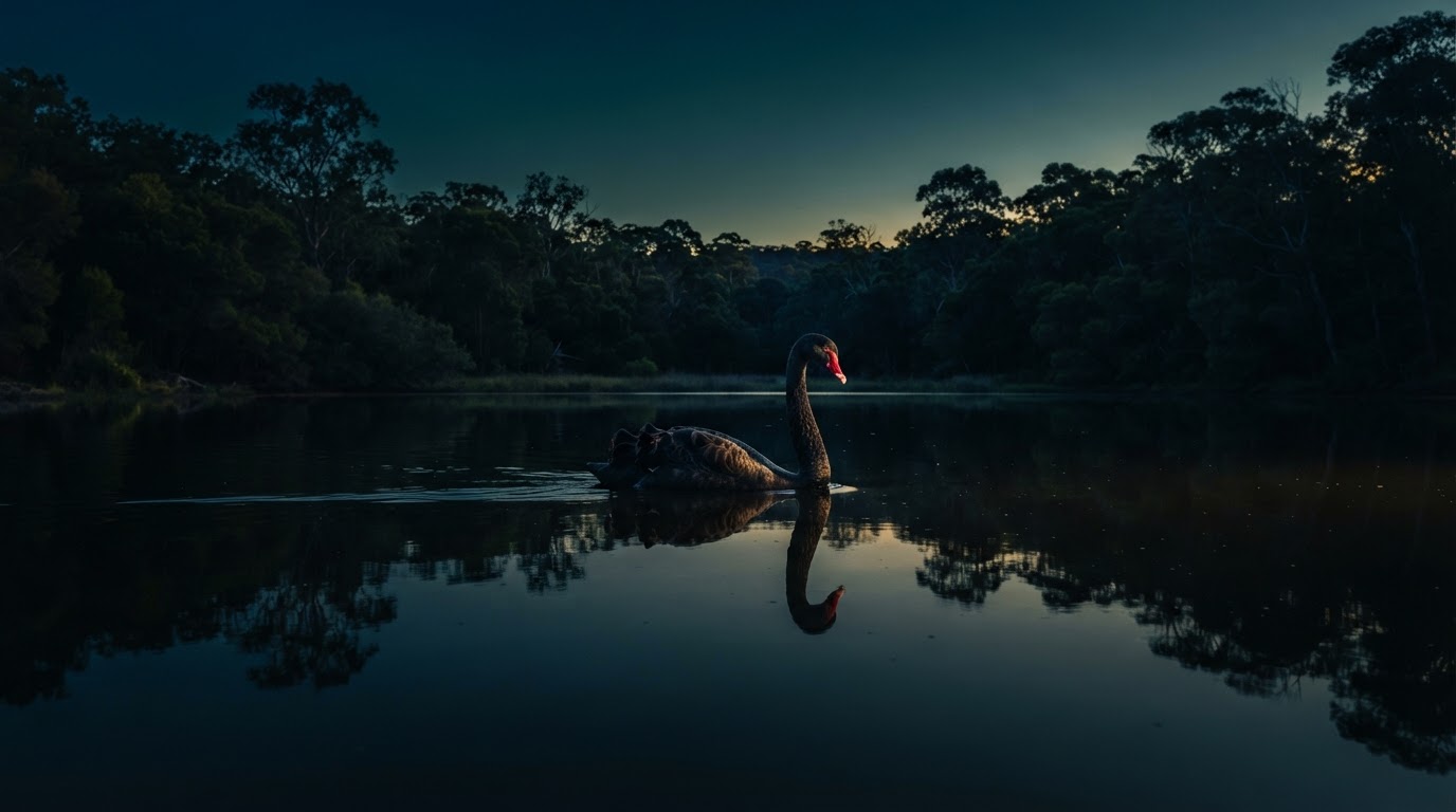 An Australian Black Swan gliding on a mirror-still dark pond at twilight