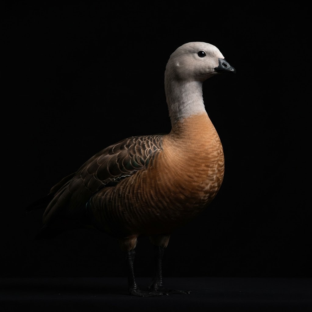 Ashy-headed goose — dramatic studio portrait against a black background