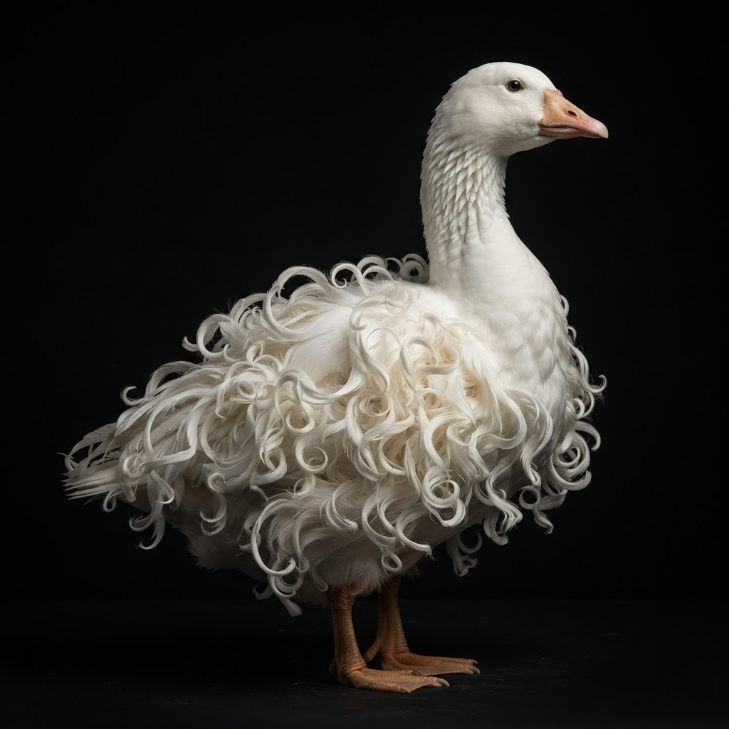 Sebastopol Geese — dramatic studio portrait against a black background