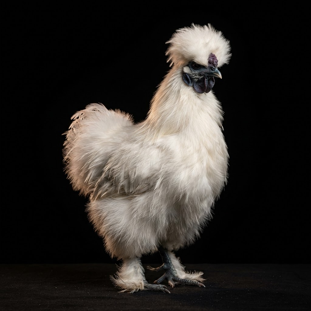 Silkie Chickens — dramatic studio portrait against a black background