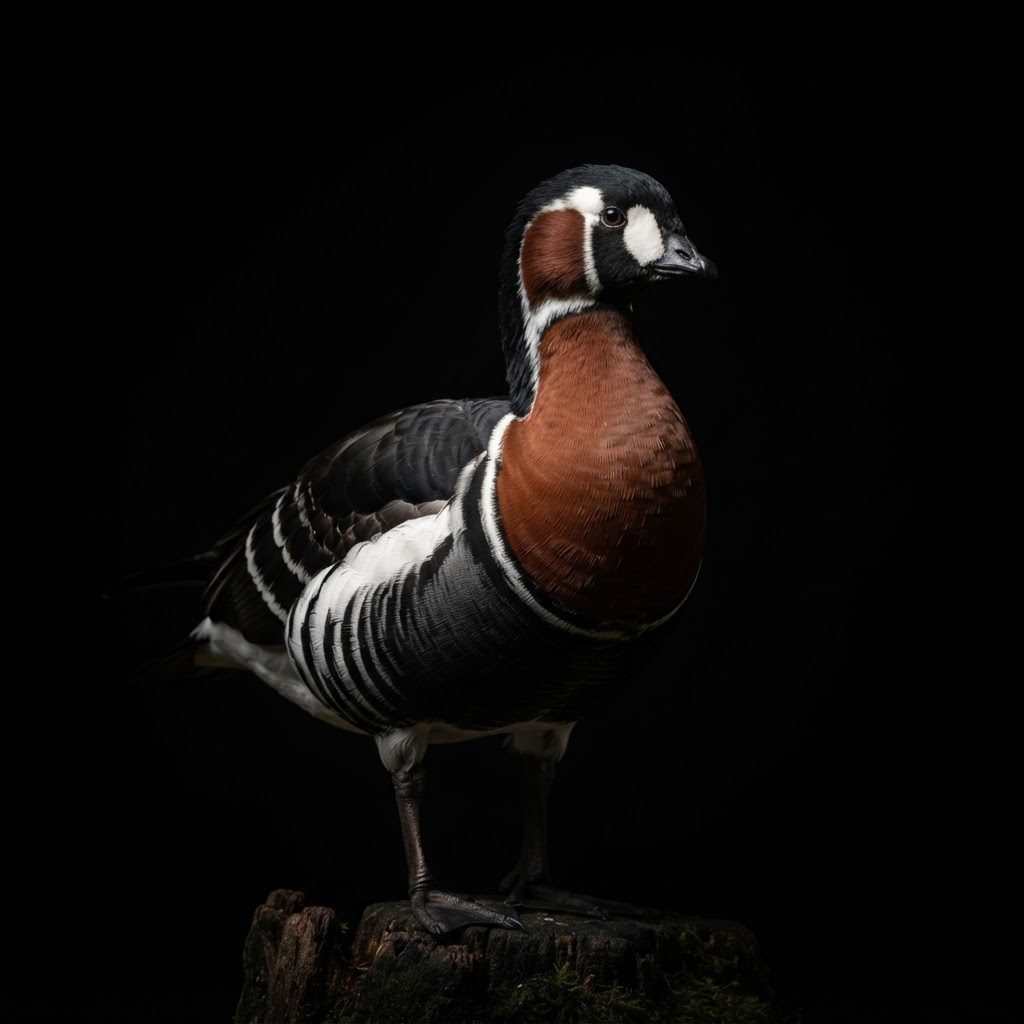 Red-breasted goose — dramatic studio portrait against a black background