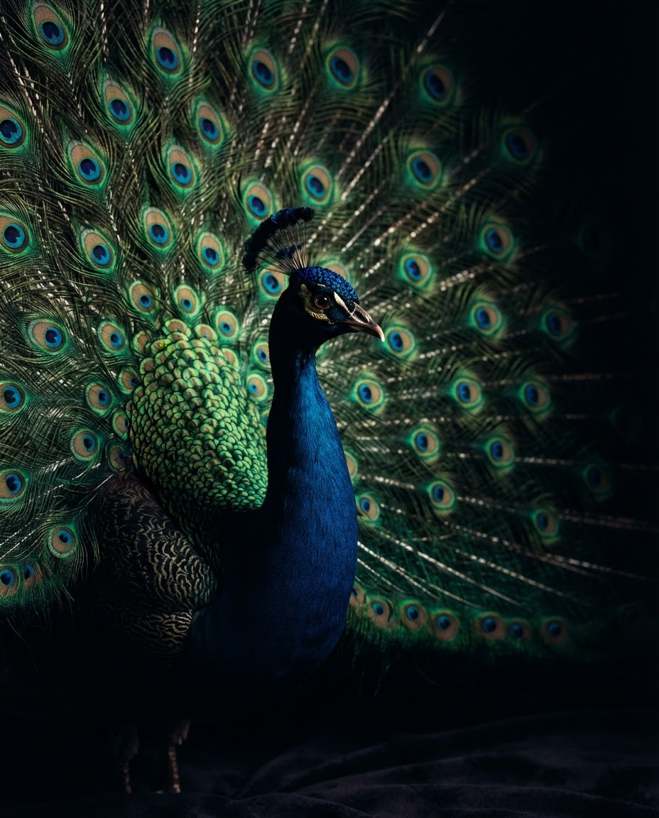 Peafowl — dramatic studio portrait against a black background