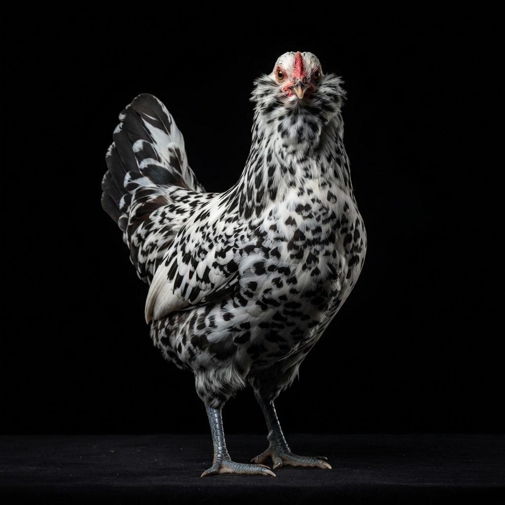 Ermine Ameraucanas & Brahmas — dramatic studio portrait against a black background