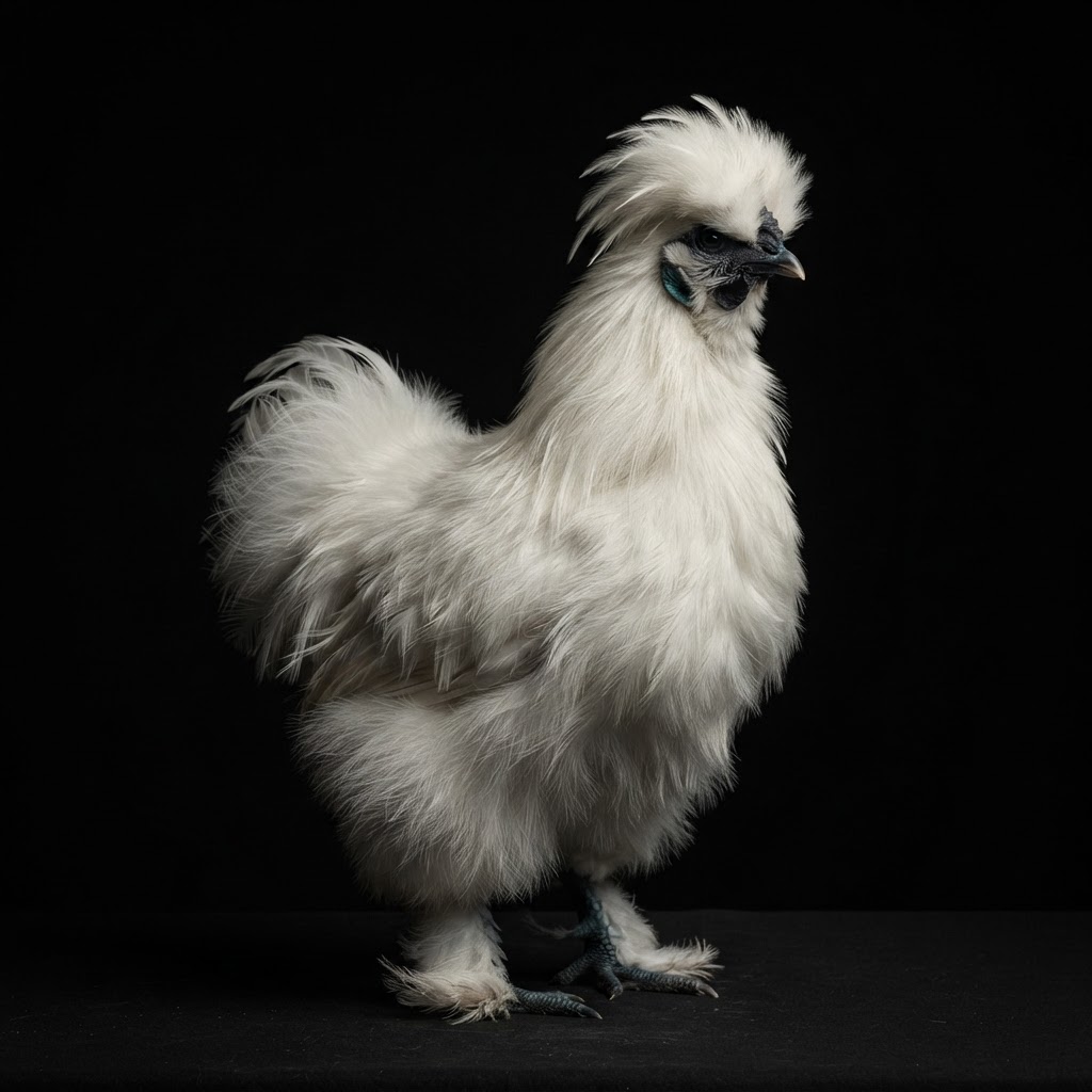 Studio portrait of a Silkies against a black background