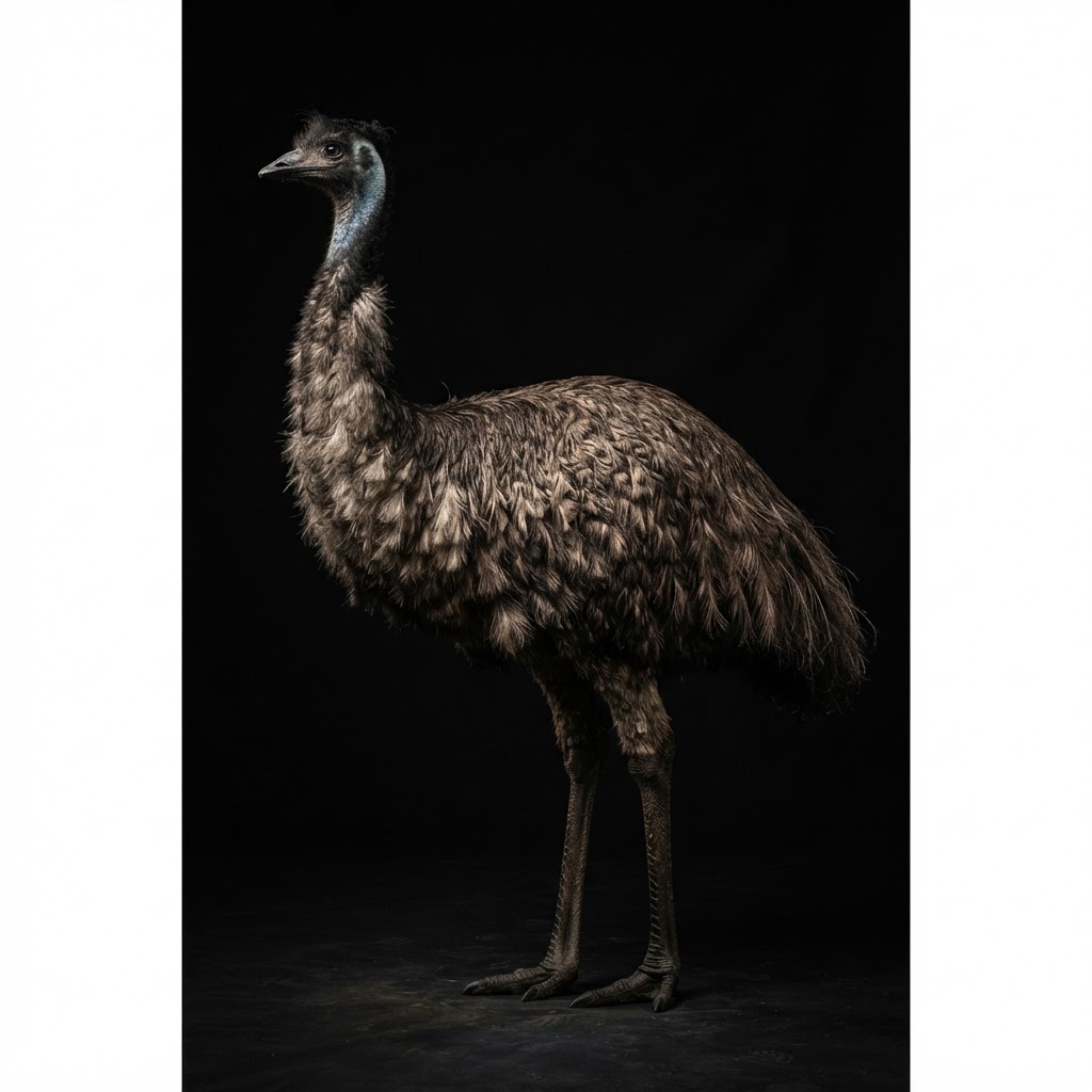 Full-body portrait of a standing Emu in profile against a black background