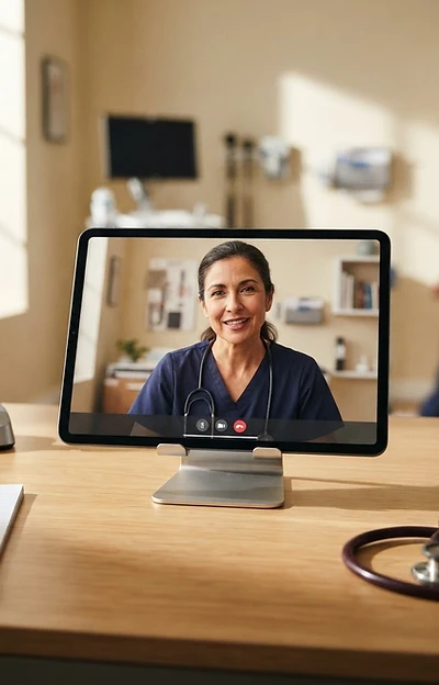 Tablet displaying a telehealth video consultation in a clinical setting
