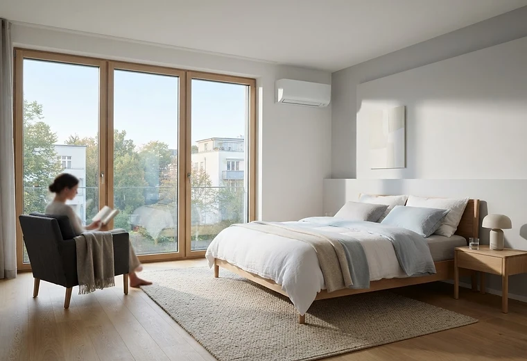 Ruhiges, klimatisiertes Schlafzimmer in einer modernen Wohnung