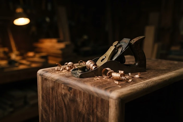 Hand tools resting on a partially finished walnut speaker cabinet