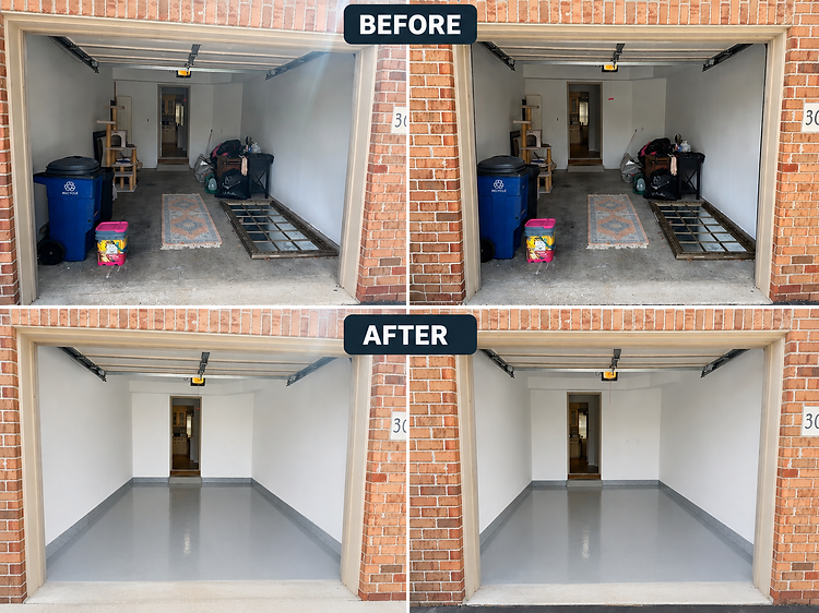Garage floor before and after a Graves Concrete Coatings installation