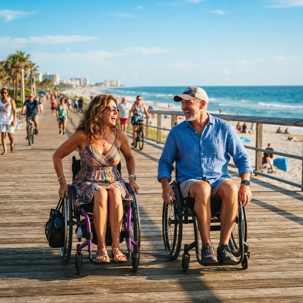 A middle-aged couple, one partner in a wheelchair, embracing warmly