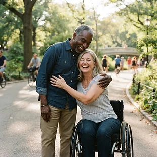 A diverse older couple, a Black man and a white woman in a wheelchair embracing warmly in a sunny park