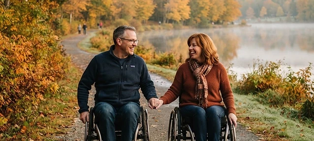 A couple, both in wheelchairs, together by a lake at autumn morning