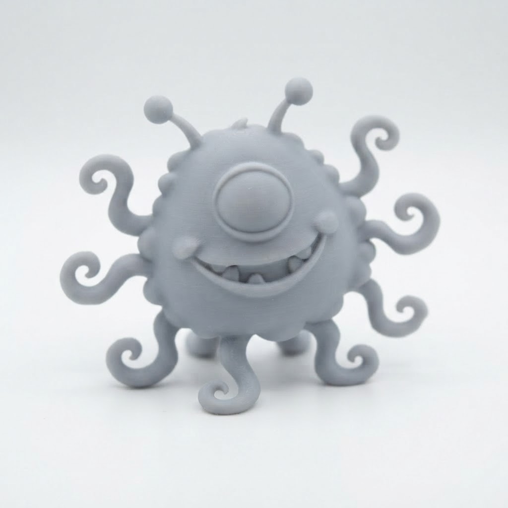 The finished custom 3D printed grey PLA monster toy made from the child's drawing