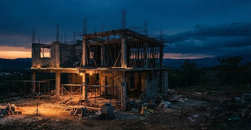 Sitio de construcción de una vivienda en Nicaragua al atardecer, con estructura de concreto y iluminación dorada.