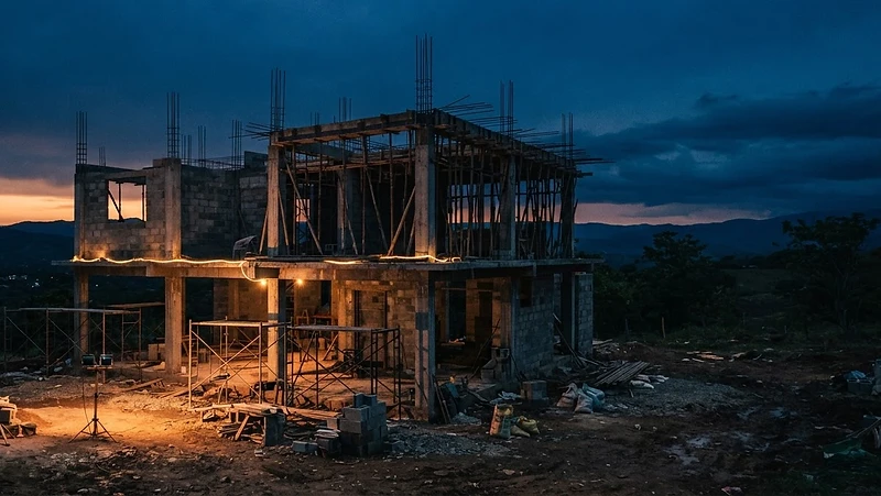 Sitio de construcción de una vivienda en Nicaragua al atardecer, con estructura de concreto y iluminación dorada.