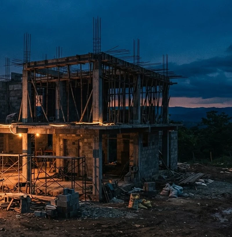 Sitio de construcción de una vivienda en Nicaragua al atardecer