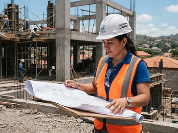 Supervisor de obra revisando planos en un sitio de construcción en Nicaragua, con casco y portapapeles.