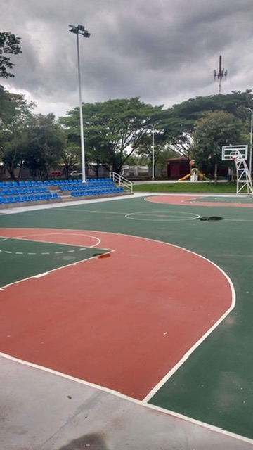 Cancha de baloncesto y fútbol con pintura roja y verde, graderías azules y torre de iluminación