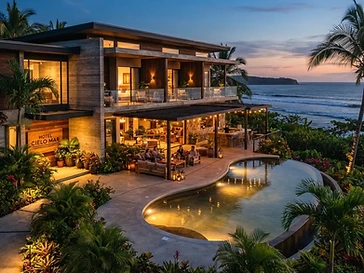 Exterior de hotel boutique en la costa de Nicaragua con piscina y áreas de descanso al atardecer.