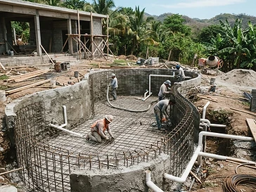 Proceso de construcción de piscina residencial con excavación, refuerzo de acero y plomería visible.