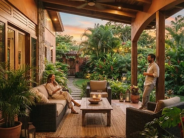 Terraza exterior de residencia con piso de cerámica, conexión visual con jardín tropical al atardecer.