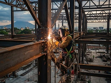 Soldadura y armado de estructura metálica en sitio de construcción, chispas visibles durante el ensamblaje.