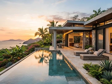 Villa moderna con piscina infinita al atardecer en Nicaragua, arquitectura de concreto contemporánea.