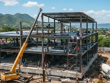 Estructura comercial en construcción con armazón de acero, cimentación de concreto y andamios en Nicaragua.