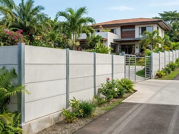 Muro prefabricado de concreto instalado como cerramiento perimetral en una propiedad residencial.