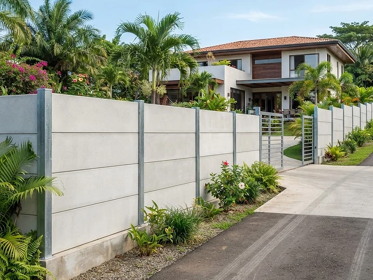 Muro prefabricado de concreto instalado como cerramiento perimetral en una propiedad residencial.