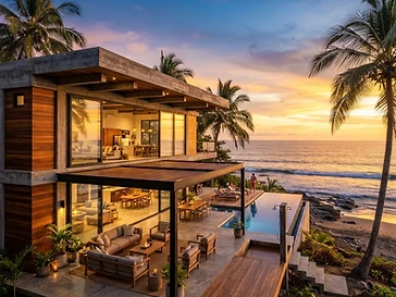 Casa de playa con terraza abierta hacia el Océano Pacífico en Nicaragua, diseño de concreto y madera al atardecer.