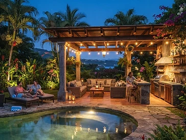 Espacio exterior con pérgola de madera y concreto, área de descanso, piscina y jardín tropical al atardecer.