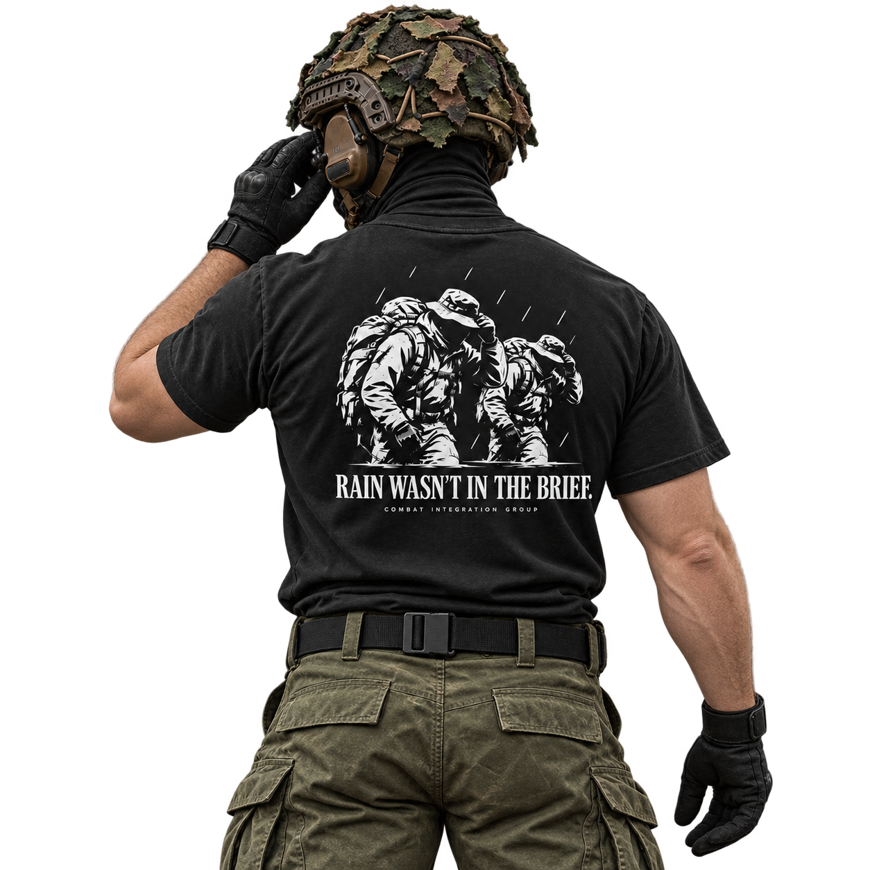 Black CIG shirt with Rain Wasn’t in the Brief back print; concept mockup