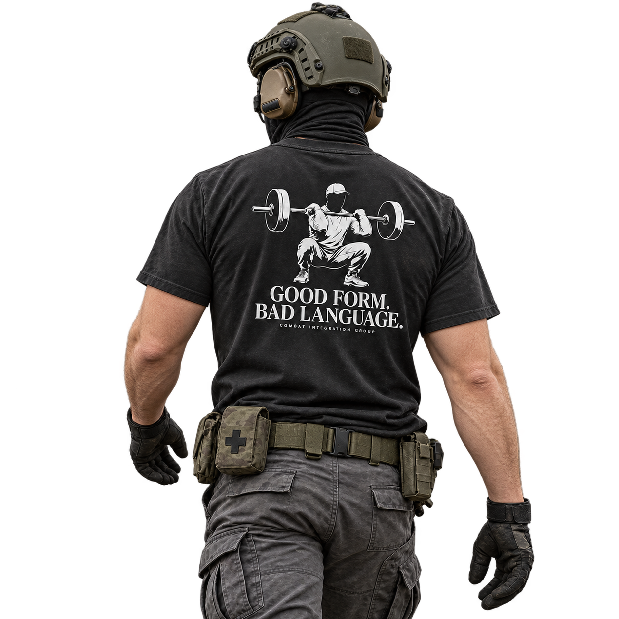 Black CIG shirt with Good Form. Bad Language back print; concept mockup