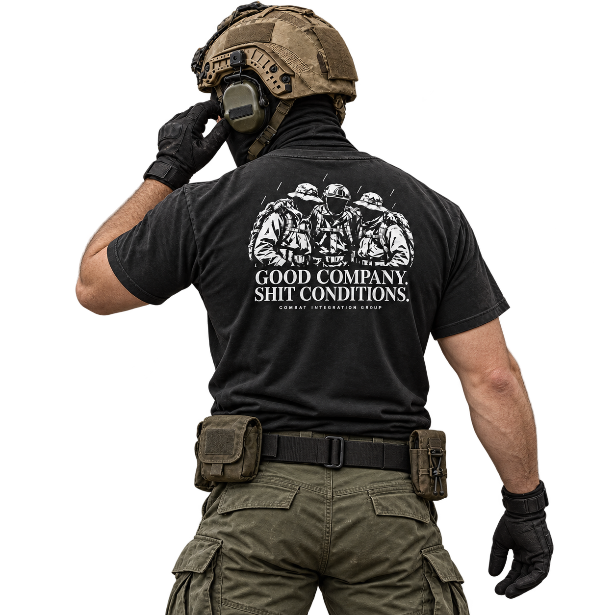 Black CIG shirt with Good Company. Shit Conditions back print; concept mockup