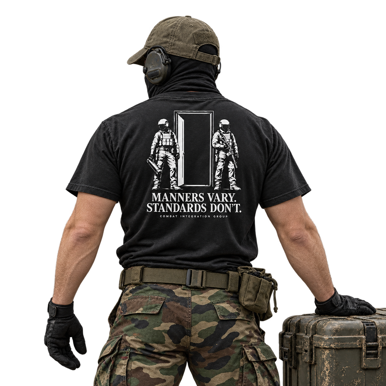 Black CIG shirt with Manners Vary. Standards Don’t back print; concept mockup