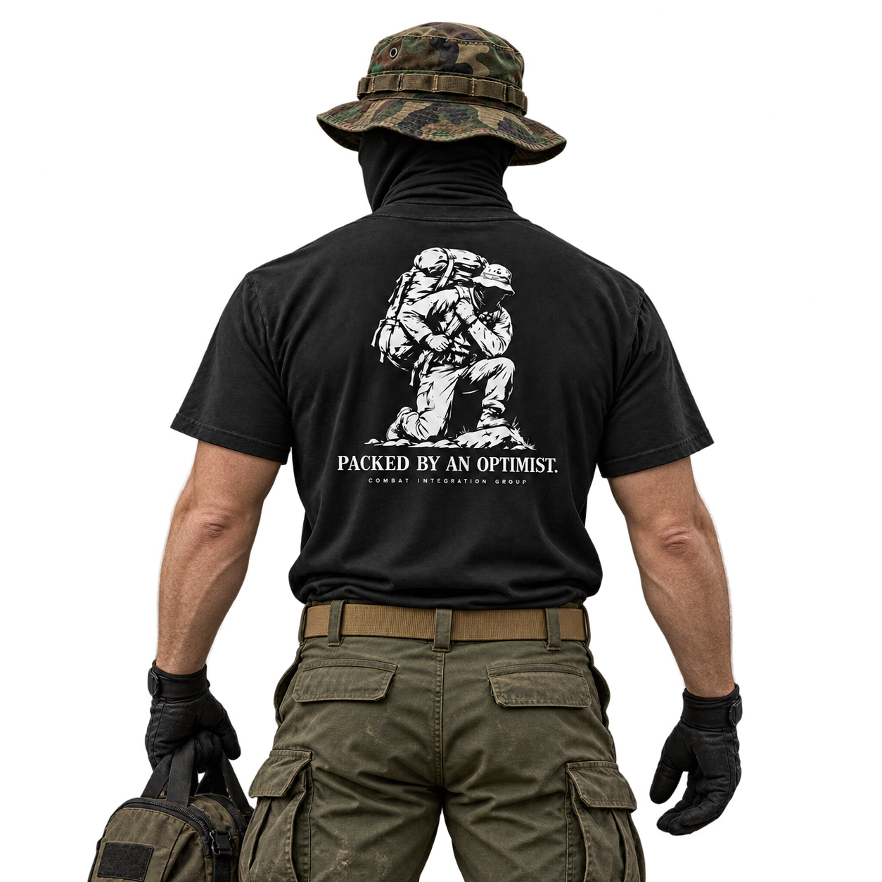Black CIG shirt with Packed by an Optimist back print; concept mockup