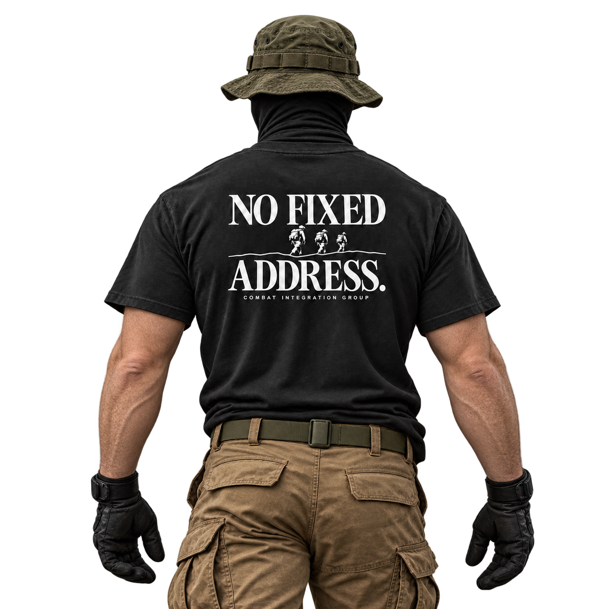 Black CIG shirt with No Fixed Address back print; concept mockup