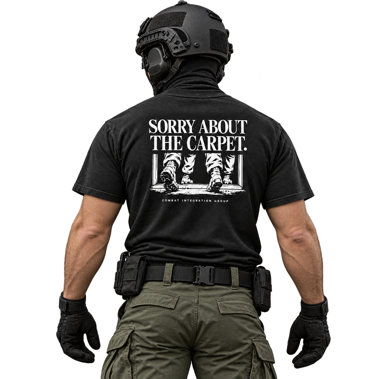 Black CIG shirt with Sorry About the Carpet back print; concept mockup