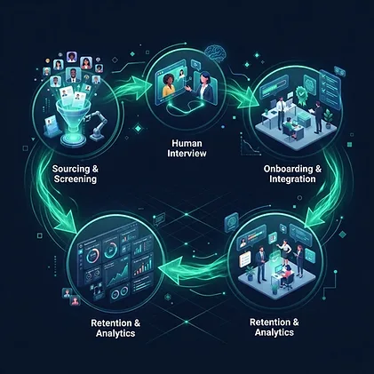 אינפוגרפיקה: הלופ של Human-AI ב-HR — סורסינג, ראיון אנושי, אונבורדינג, ואנליטיקת שימור