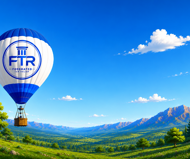 A Federated Tax Relief hot air balloon drifting over rolling green hills and distant mountains under a blue sky