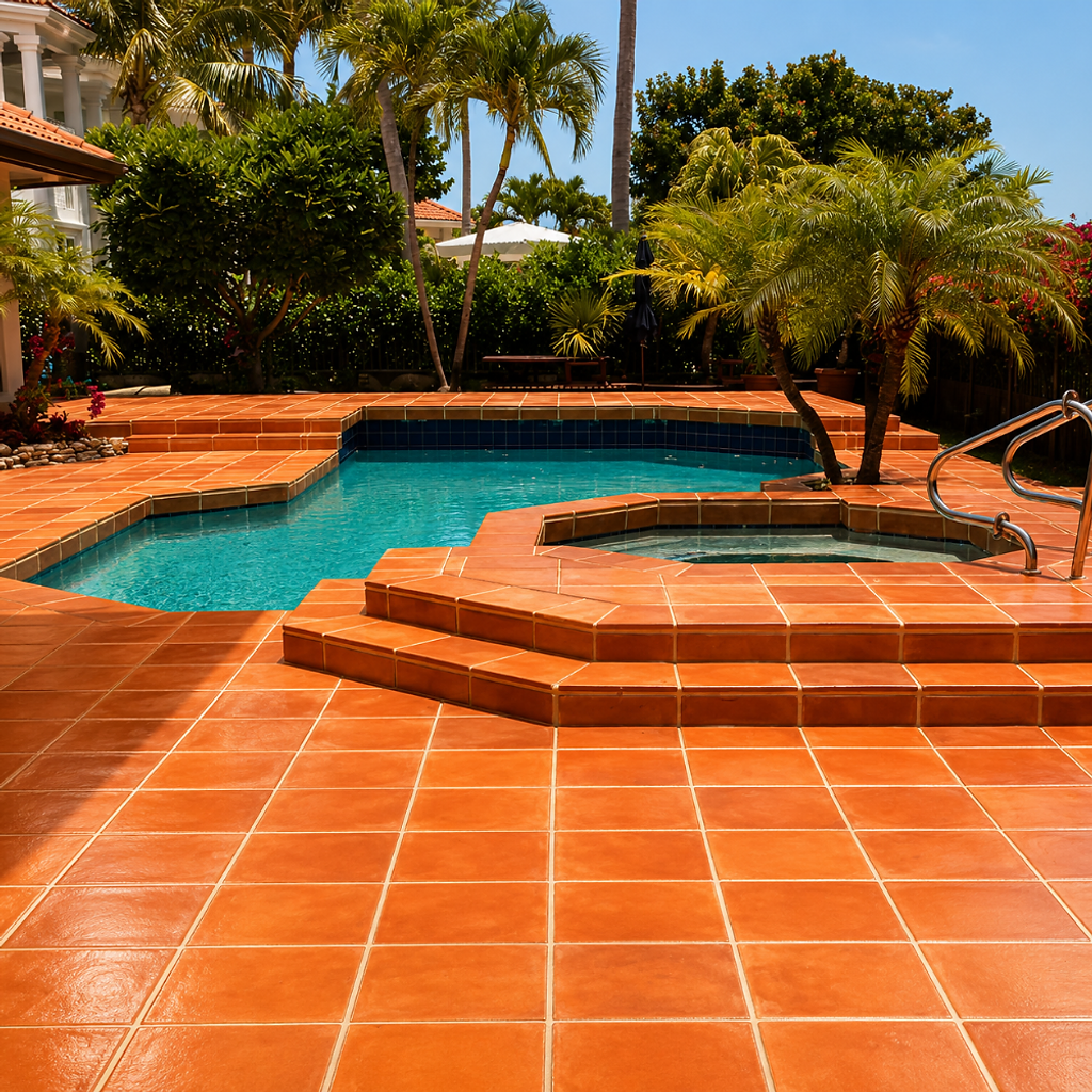 Luxury coastal California home with pristine stone tile floors and pool