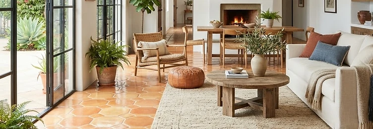 Beautifully restored warm Saltillo terracotta tile floor