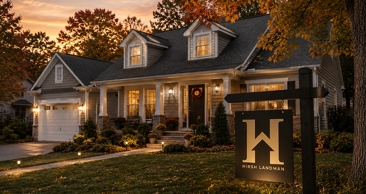 A welcoming Lakewood home at dusk with a Hirsh Landman real estate sign
