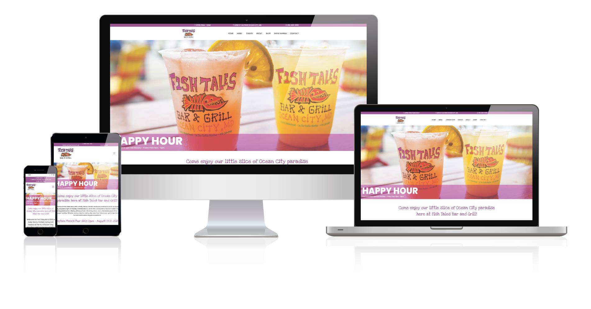 Fish Tales responsive website design shown on a laptop and mobile phone