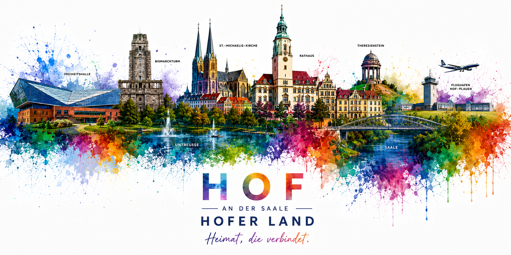 Skyline von Hof – Freiheitshalle, Bismarckturm, St. Michaelis, Rathaus, Theresienstein, Saale, Flughafen Hof-Plauen